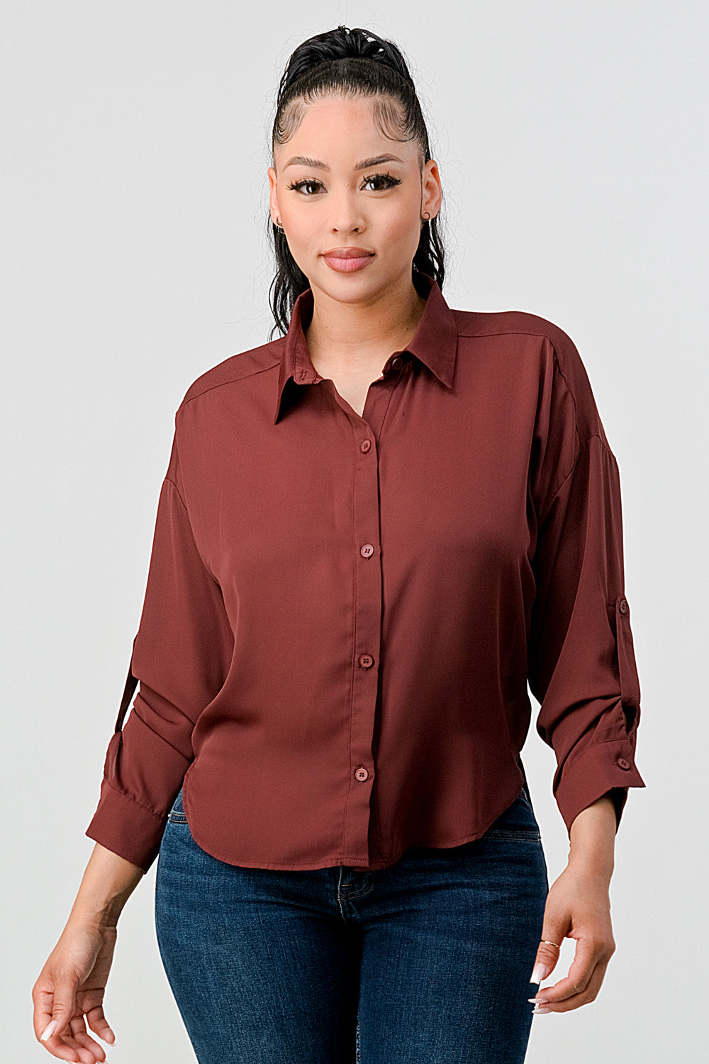 #T4518 Collared Sleeve Tab Shirt