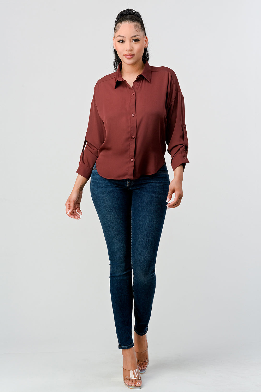 #T4518 Collared Sleeve Tab Shirt