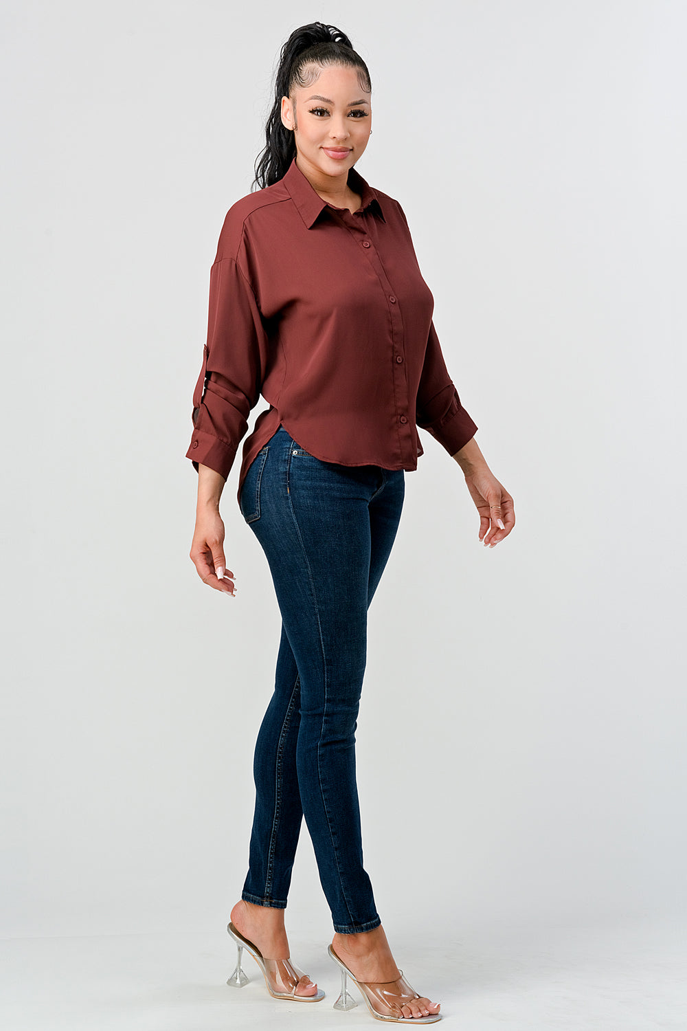 #T4518 Collared Sleeve Tab Shirt