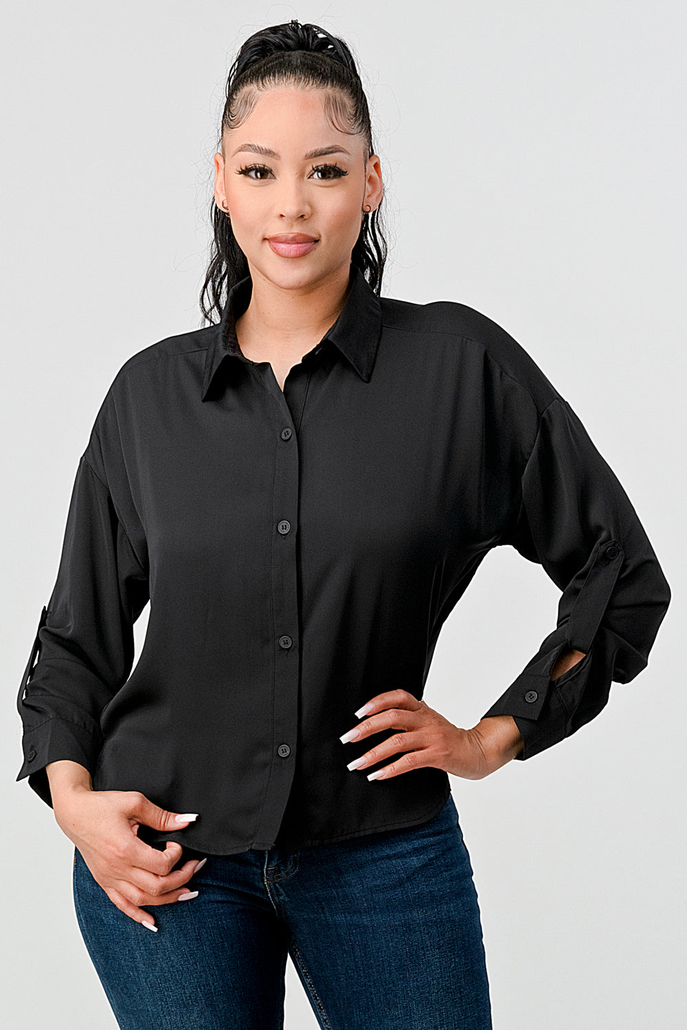 #T4518 Collared Sleeve Tab Shirt