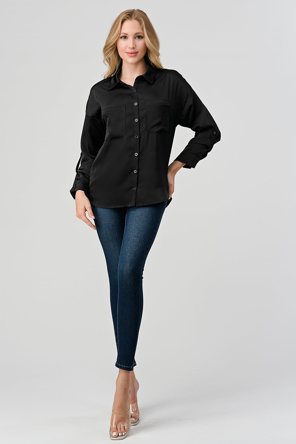 #T4524 Satin Shirt with pockets