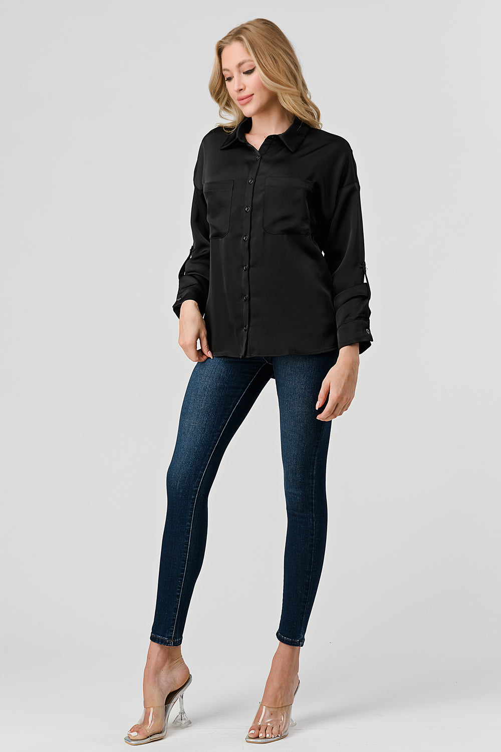 #T4524 Satin Shirt with pockets