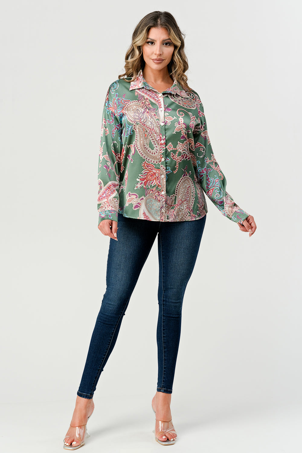 #T4551 Printed Satin Buttoned Shirt