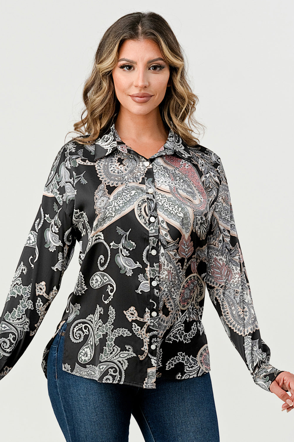 #T4551 Printed Satin Buttoned Shirt