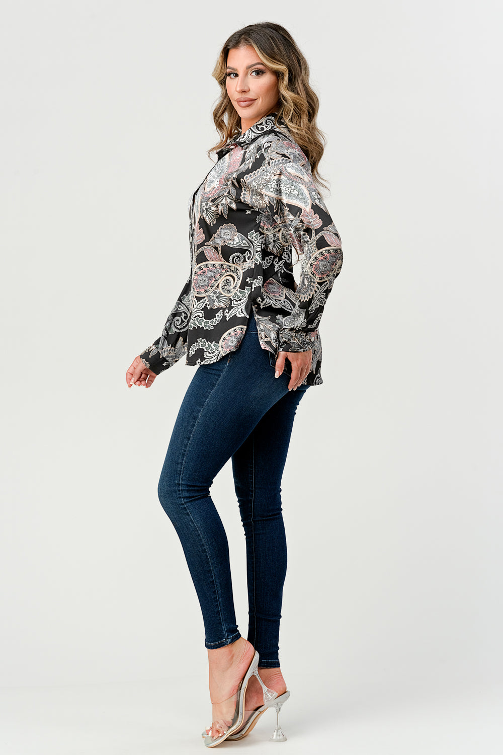 #T4551 Printed Satin Buttoned Shirt