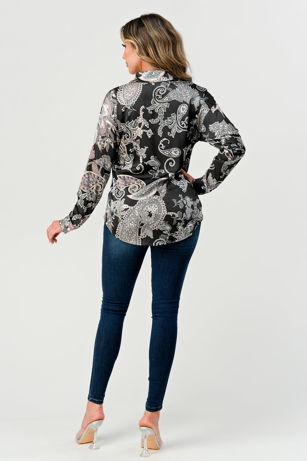 #T4551 Printed Satin Buttoned Shirt