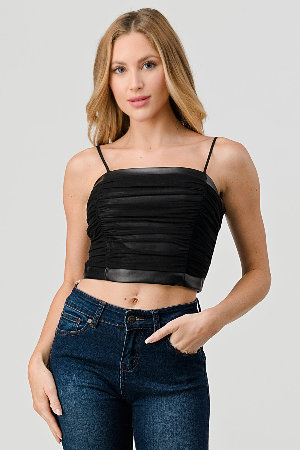 #T4571 Mesh Ruched Strap Top with Contrast Leather
