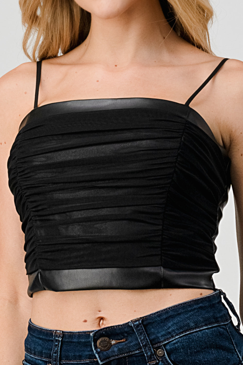#T4571 Mesh Ruched Strap Top with Contrast Leather