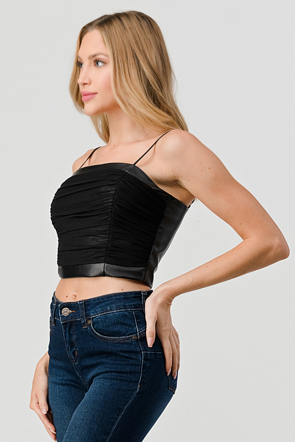 #T4571 Mesh Ruched Strap Top with Contrast Leather