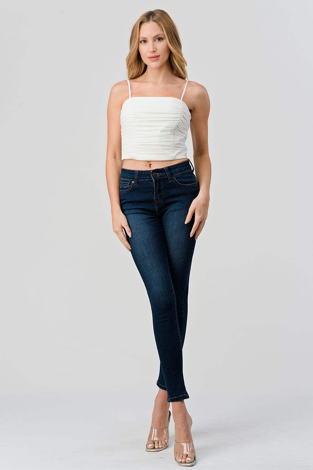 #T4571 Mesh Ruched Strap Top with Contrast Leather