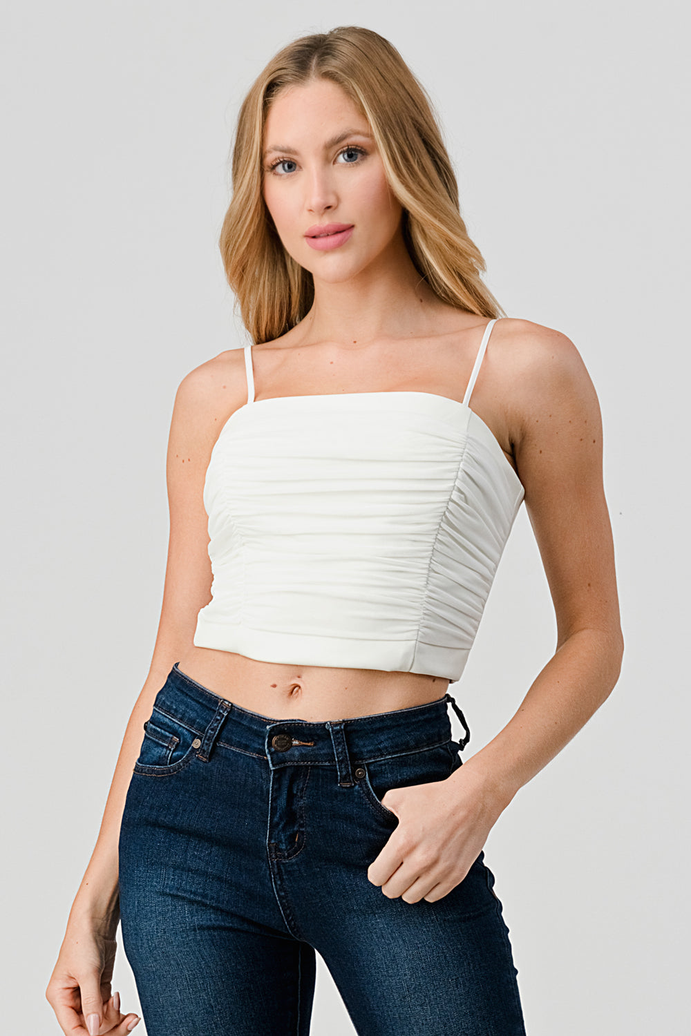 #T4571 Mesh Ruched Strap Top with Contrast Leather
