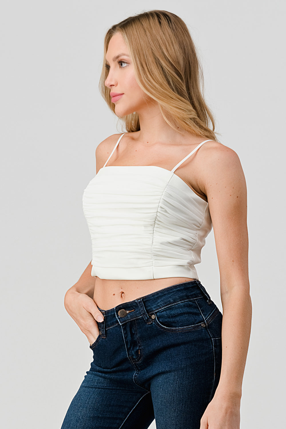 #T4571 Mesh Ruched Strap Top with Contrast Leather