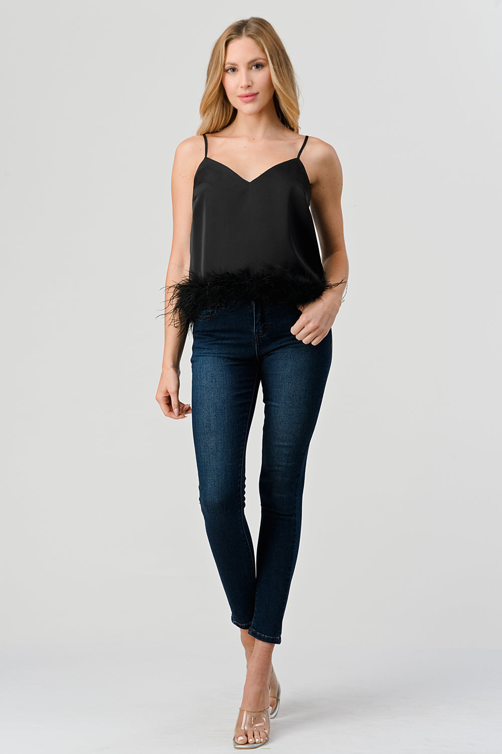 #T4632 Satin Faux Fur Cami Top