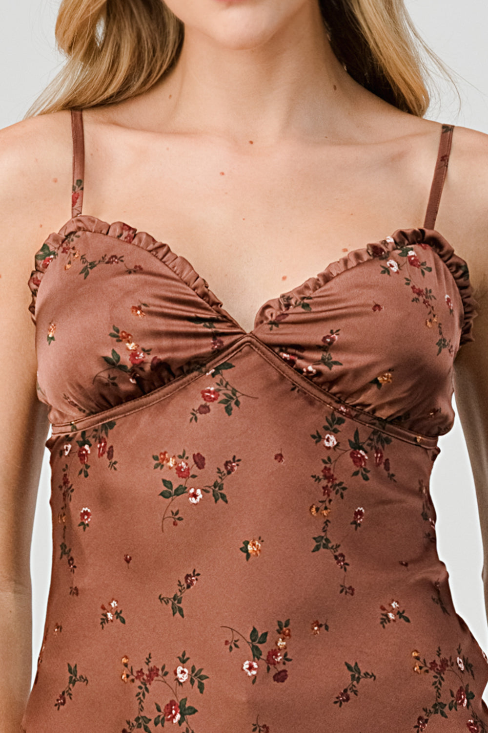 #T4656 Printed Satin Ruffle Detail Cami Top