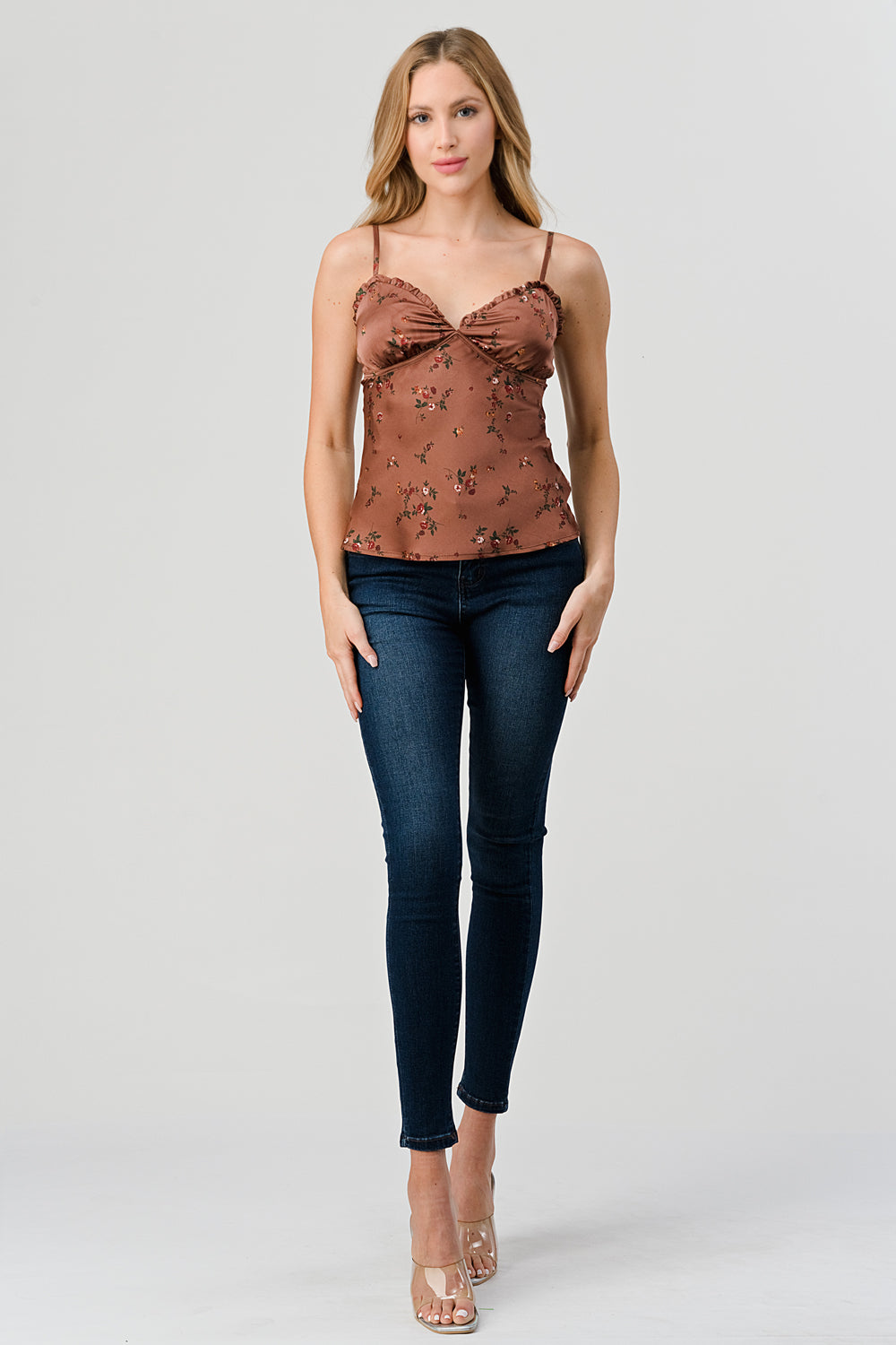 #T4656 Printed Satin Ruffle Detail Cami Top