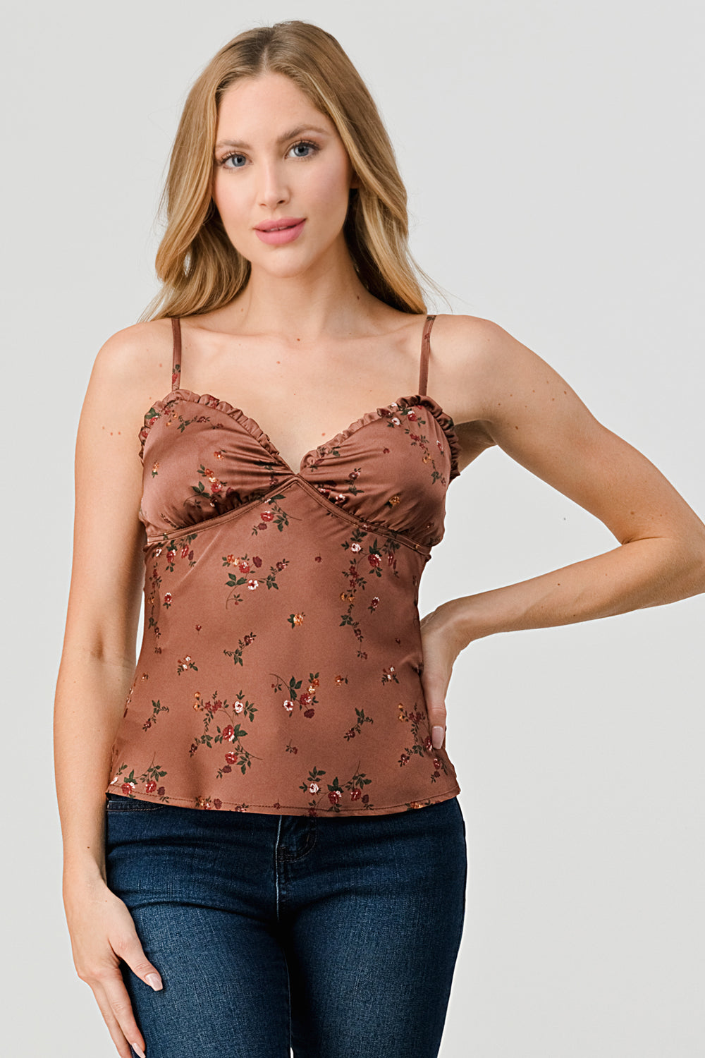 #T4656 Printed Satin Ruffle Detail Cami Top