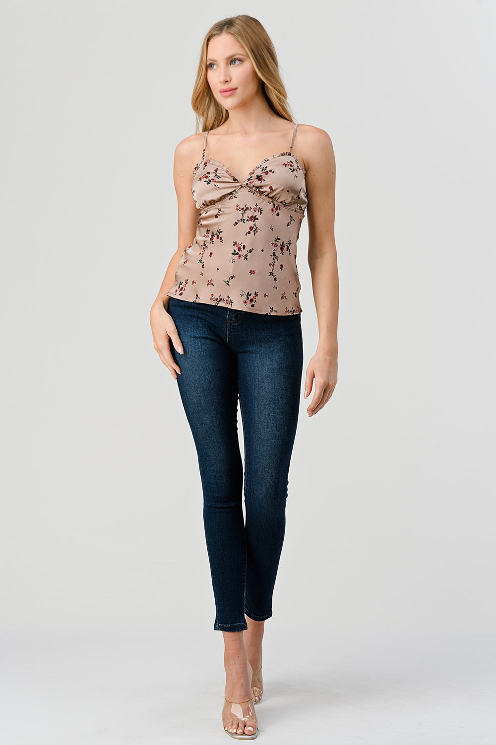 #T4656 Printed Satin Ruffle Detail Cami Top