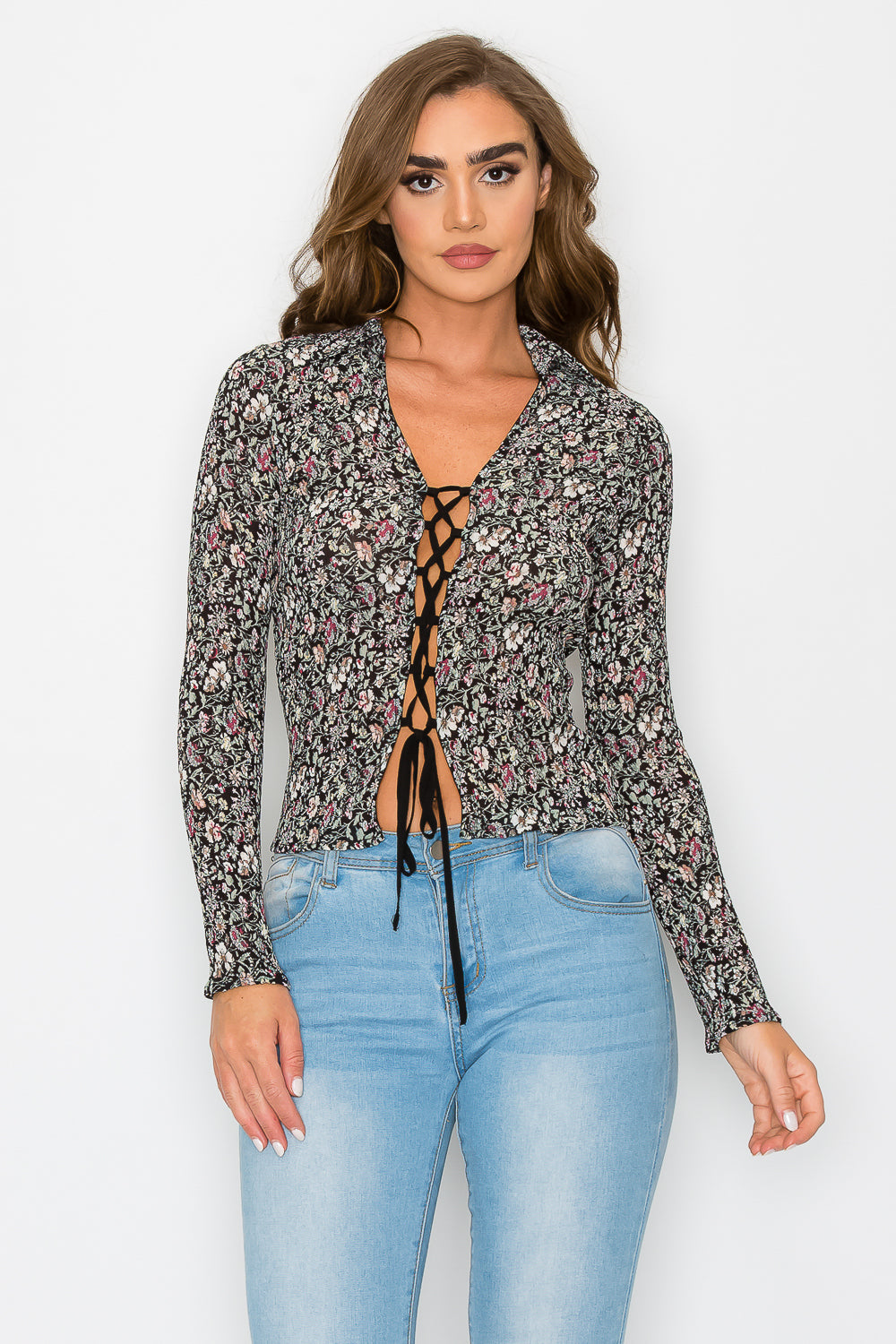 #T4508 Lace up Pleated Printed Blouse