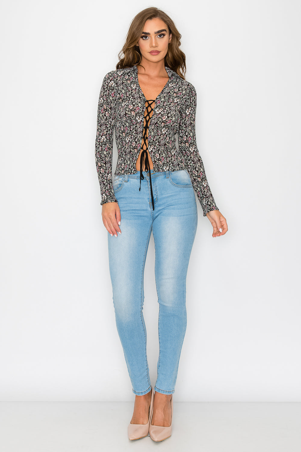 #T4508 Lace up Pleated Printed Blouse