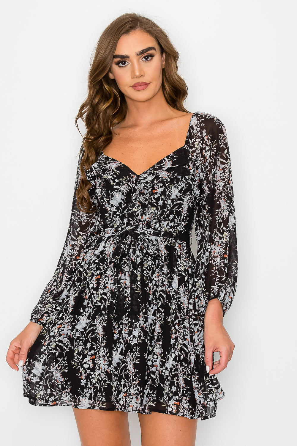 #D6098 Ruffled Long Sleeve Dress with Tie