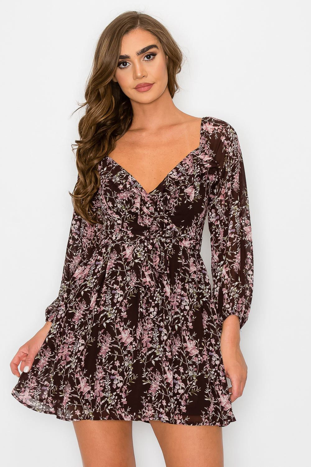 #D6098 Ruffled Long Sleeve Dress with Tie