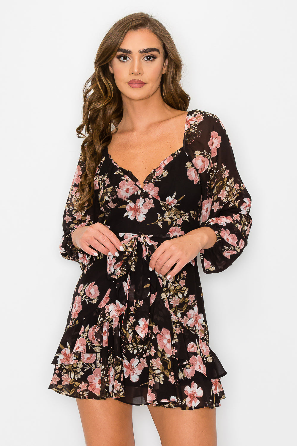 #D6111 Belted Floral Long Sleeve Dress