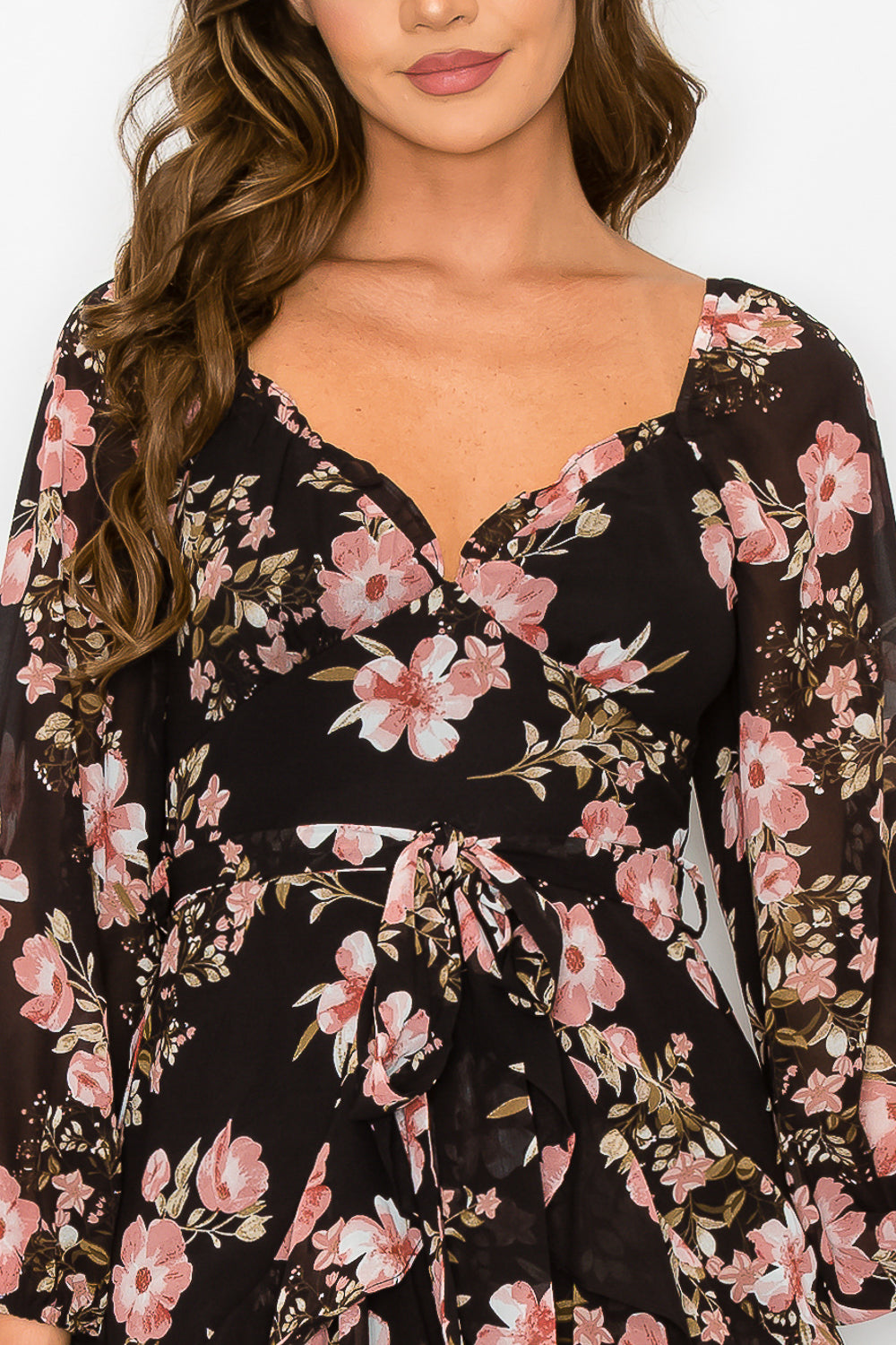 #D6111 Belted Floral Long Sleeve Dress