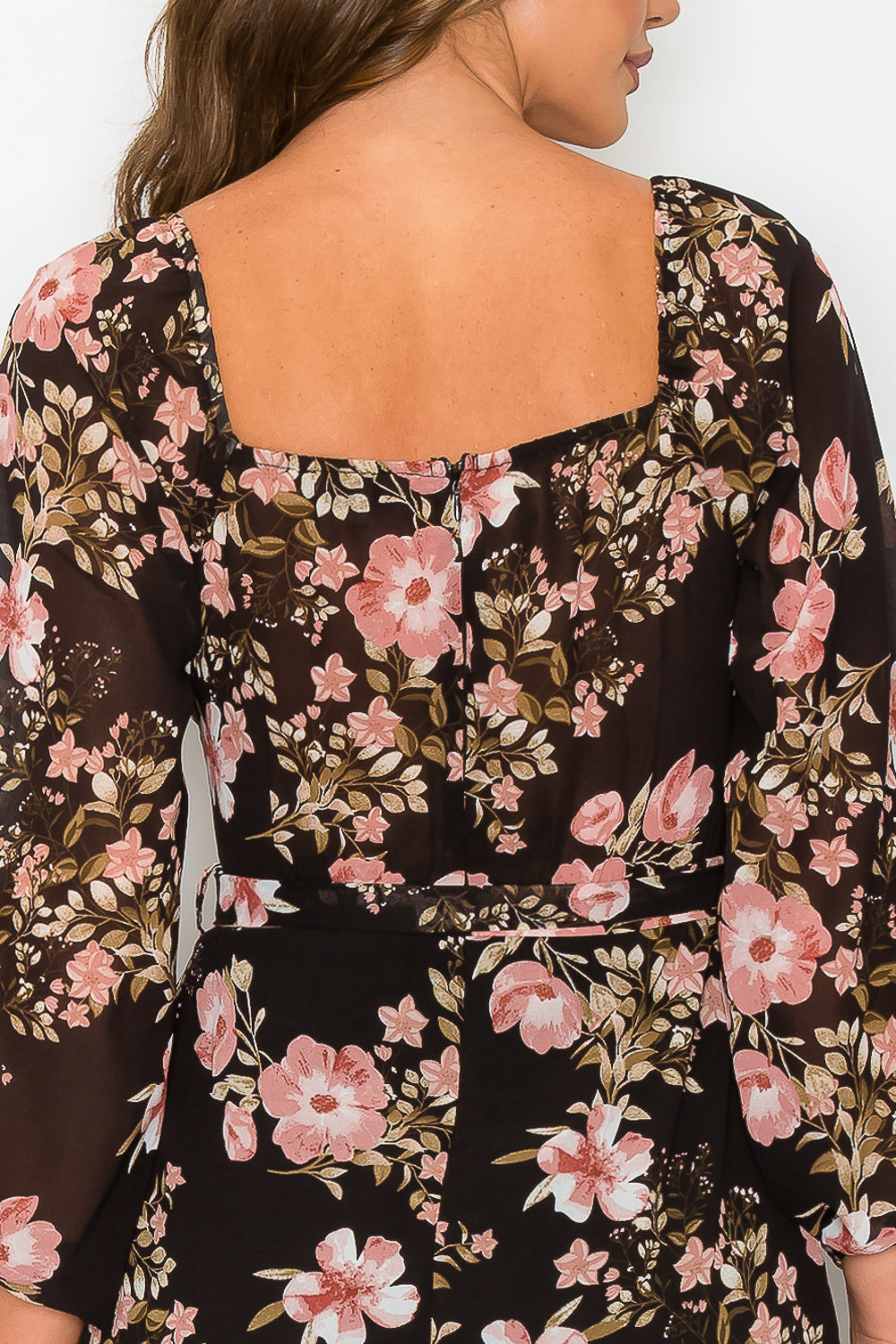 #D6111 Belted Floral Long Sleeve Dress
