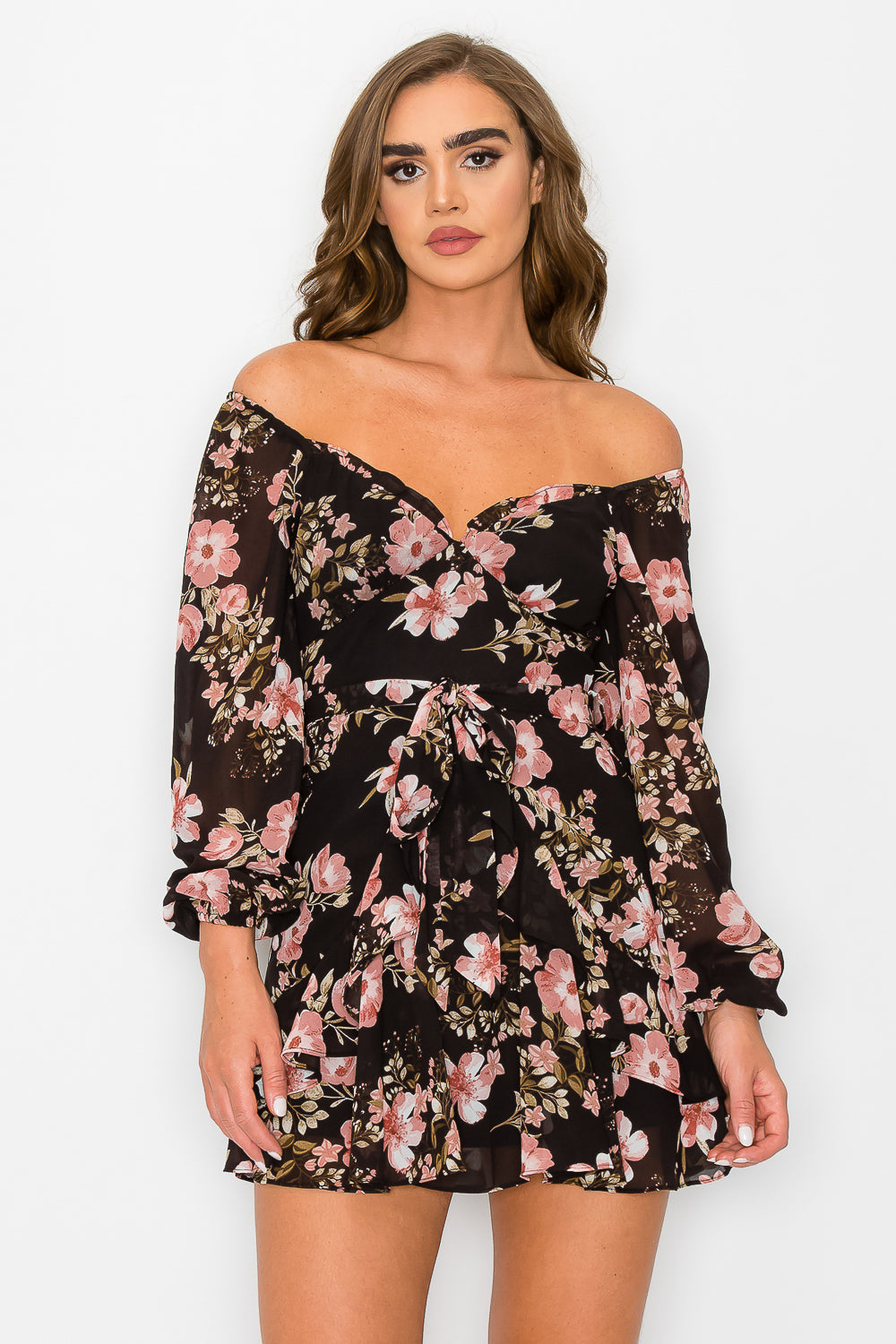 #D6111 Belted Floral Long Sleeve Dress