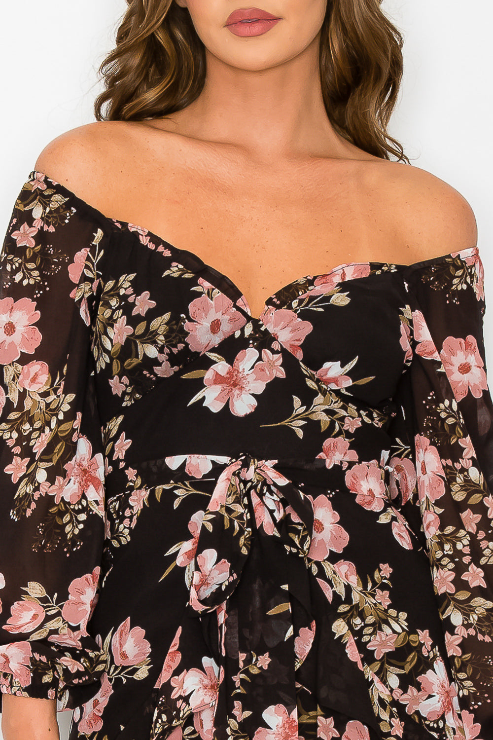 #D6111 Belted Floral Long Sleeve Dress
