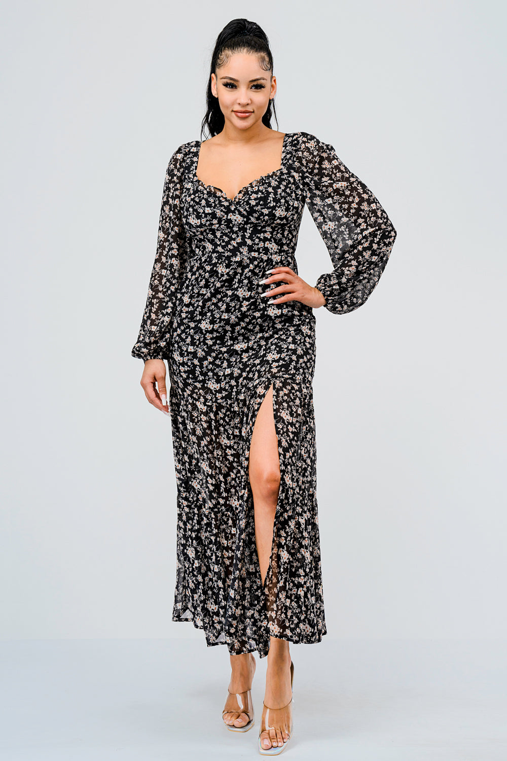 #D6050 Printed long sleeve maxi Dress