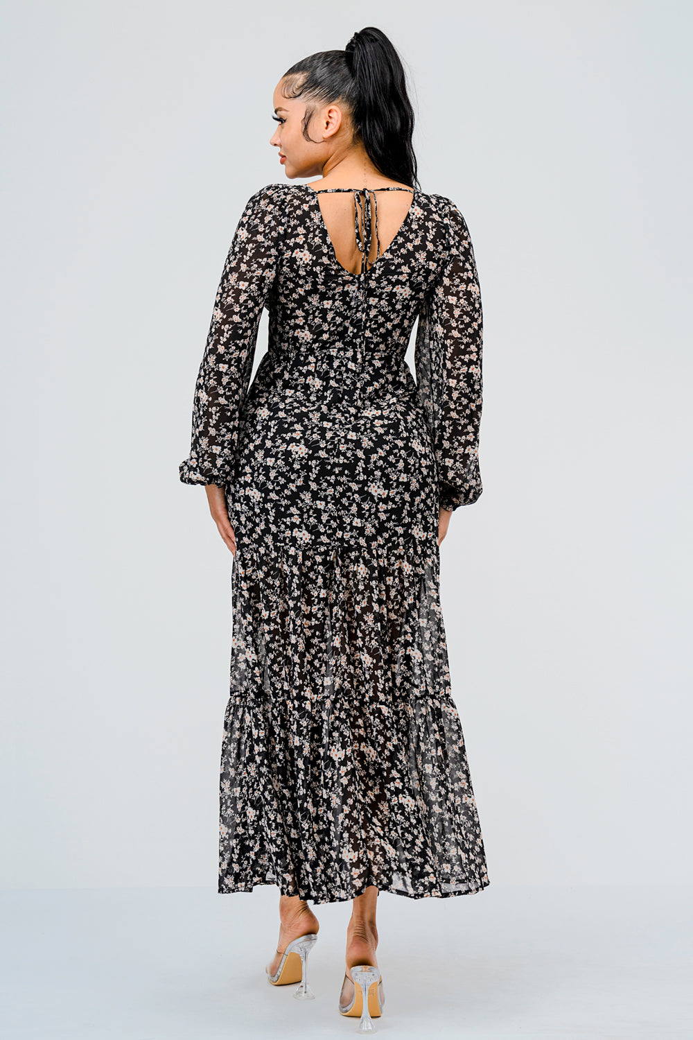 #D6050 Printed long sleeve maxi Dress