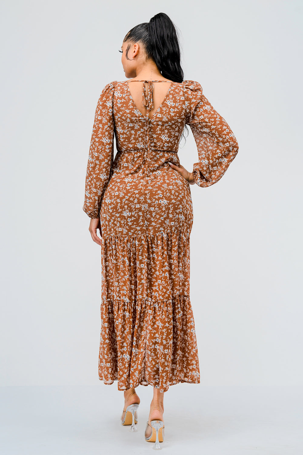 #D6050 Printed long sleeve maxi Dress