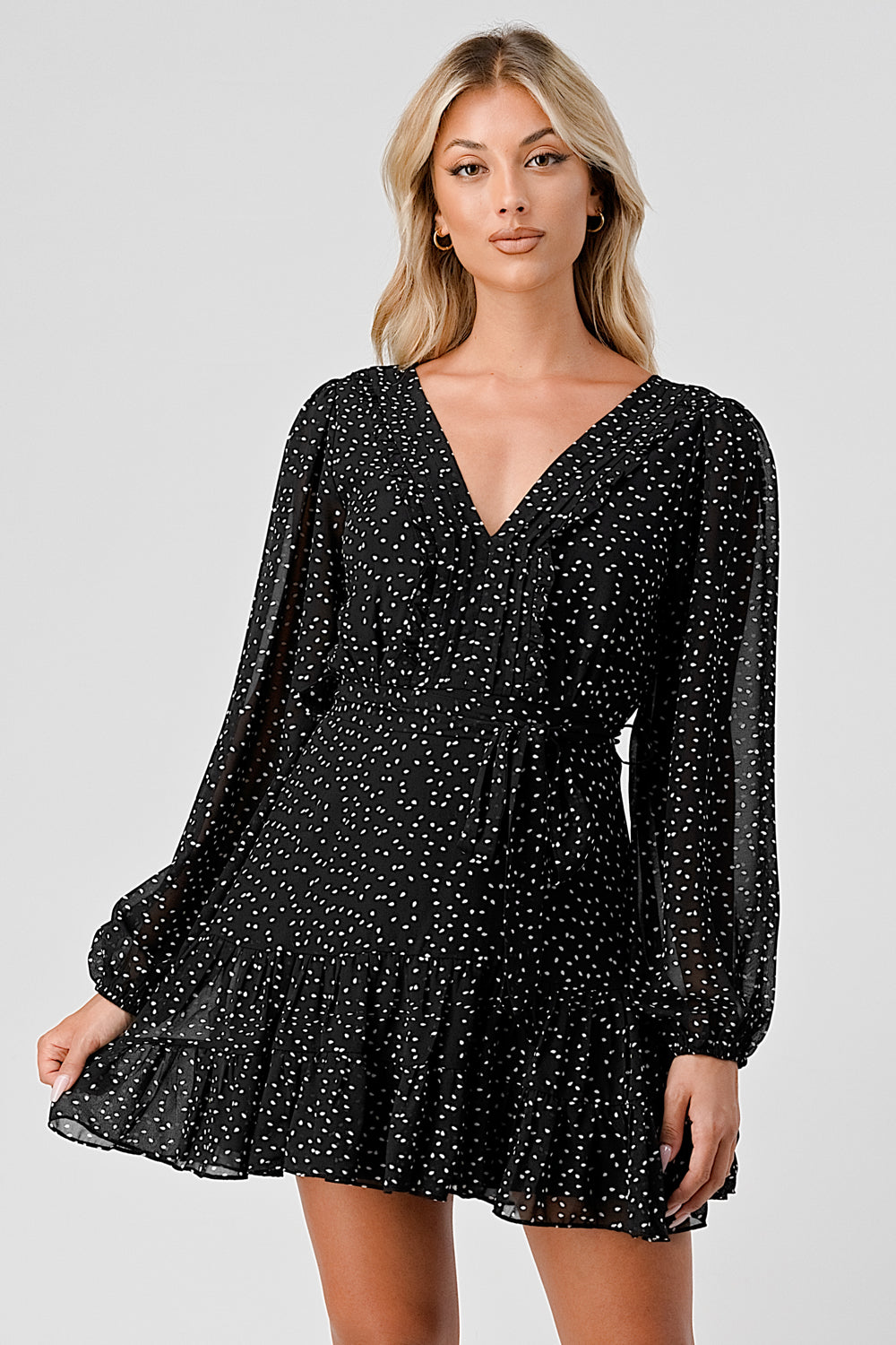 #D6064 Pintucked Ruffle Detailed Dot Dress
