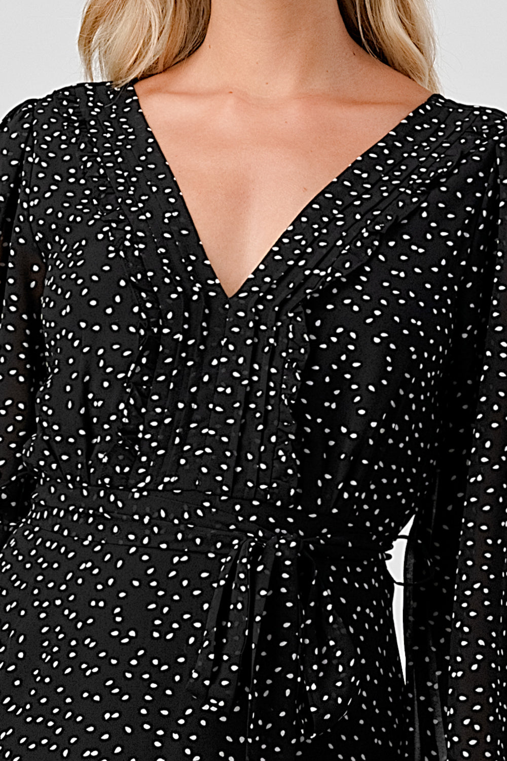 #D6064 Pintucked Ruffle Detailed Dot Dress