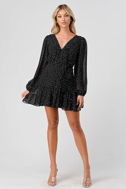 #D6064 Pintucked Ruffle Detailed Dot Dress