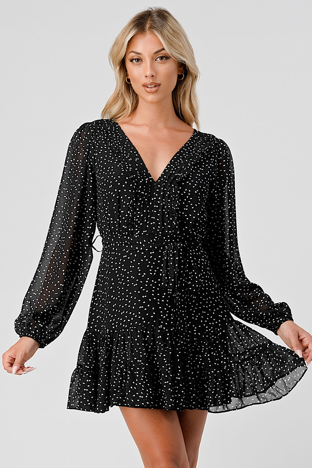 #D6064 Pintucked Ruffle Detailed Dot Dress