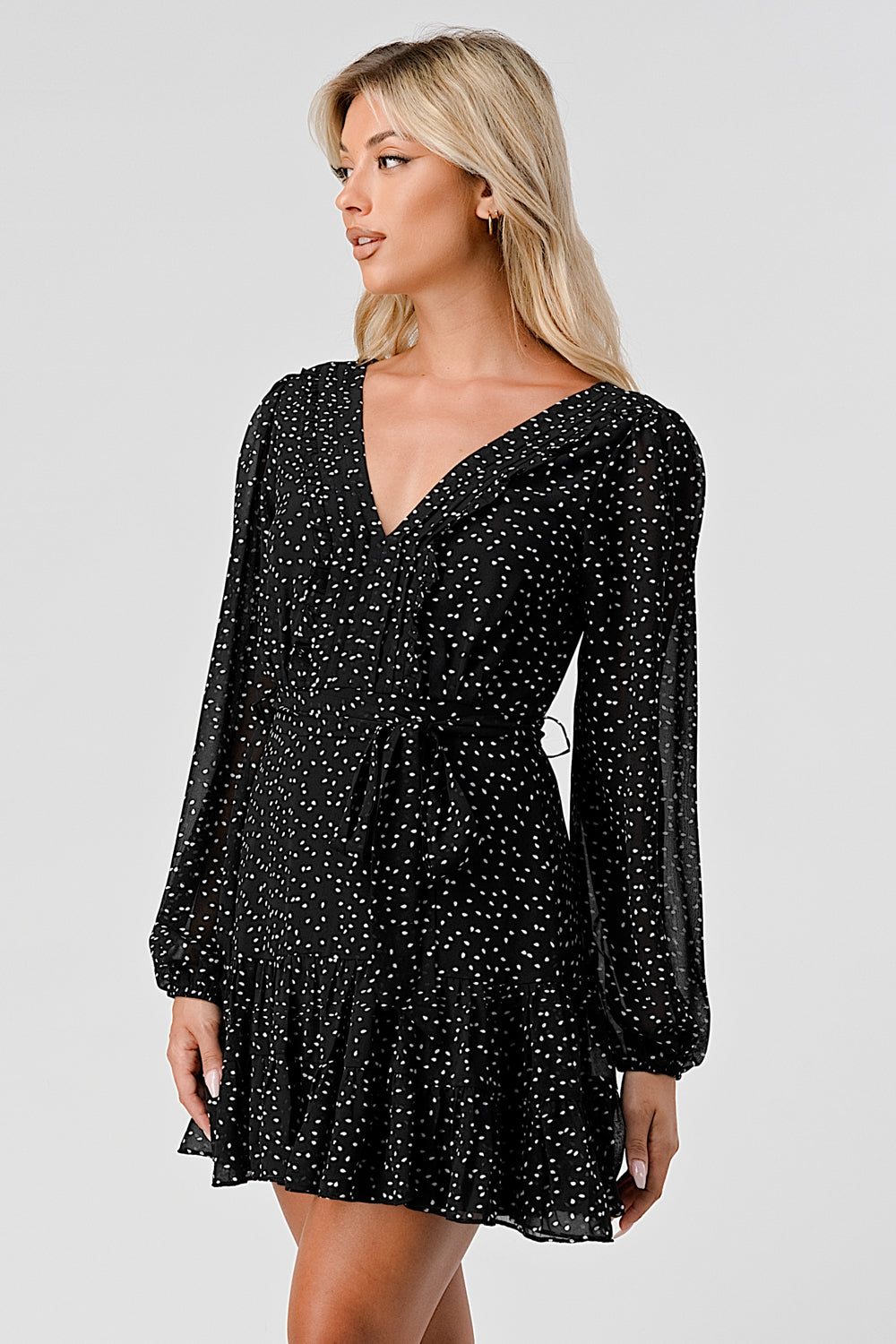 #D6064 Pintucked Ruffle Detailed Dot Dress