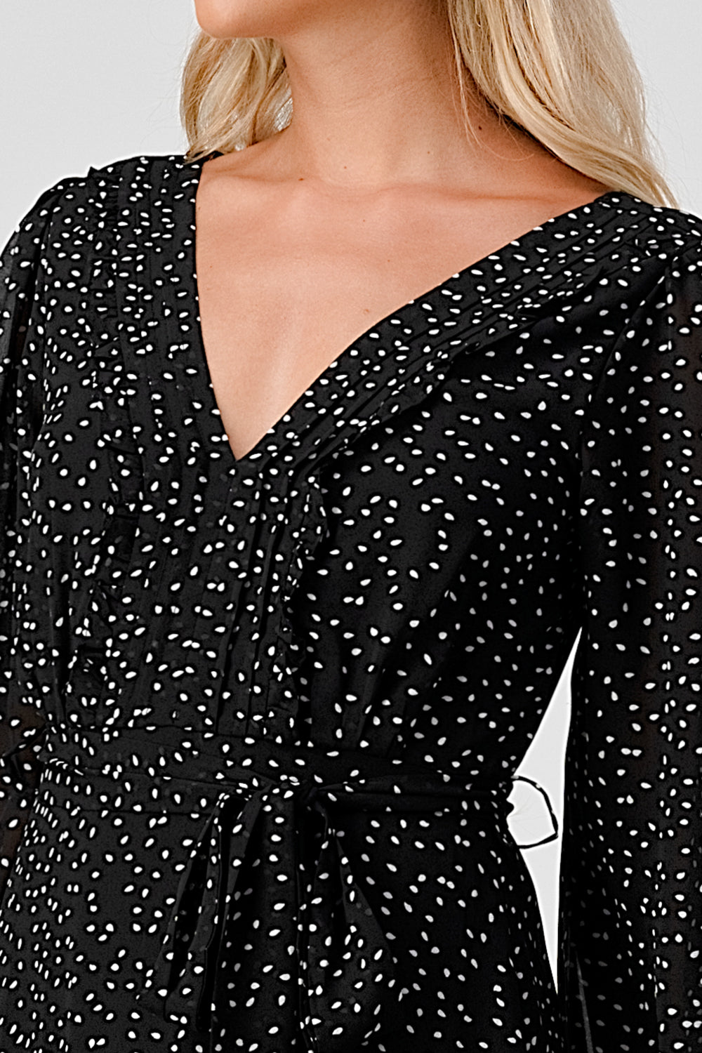 #D6064 Pintucked Ruffle Detailed Dot Dress
