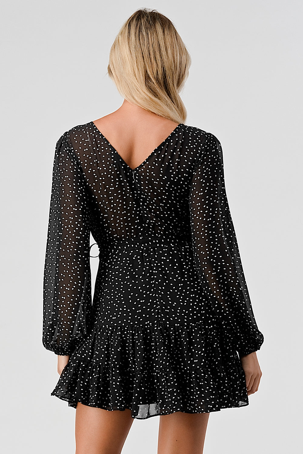 #D6064 Pintucked Ruffle Detailed Dot Dress
