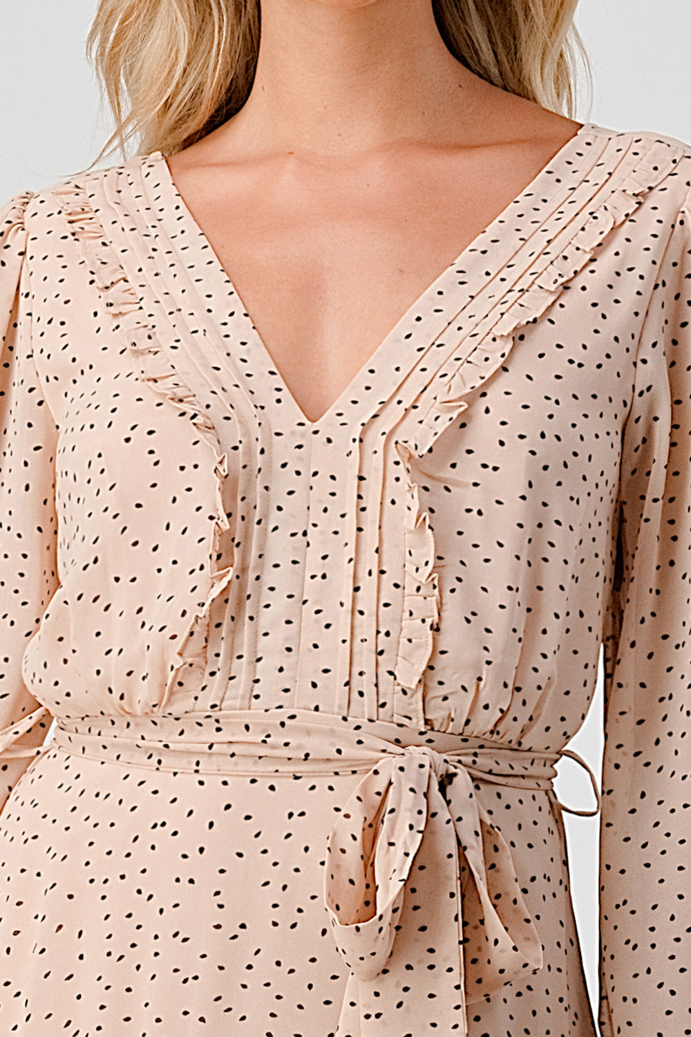 #D6064 Pintucked Ruffle Detailed Dot Dress