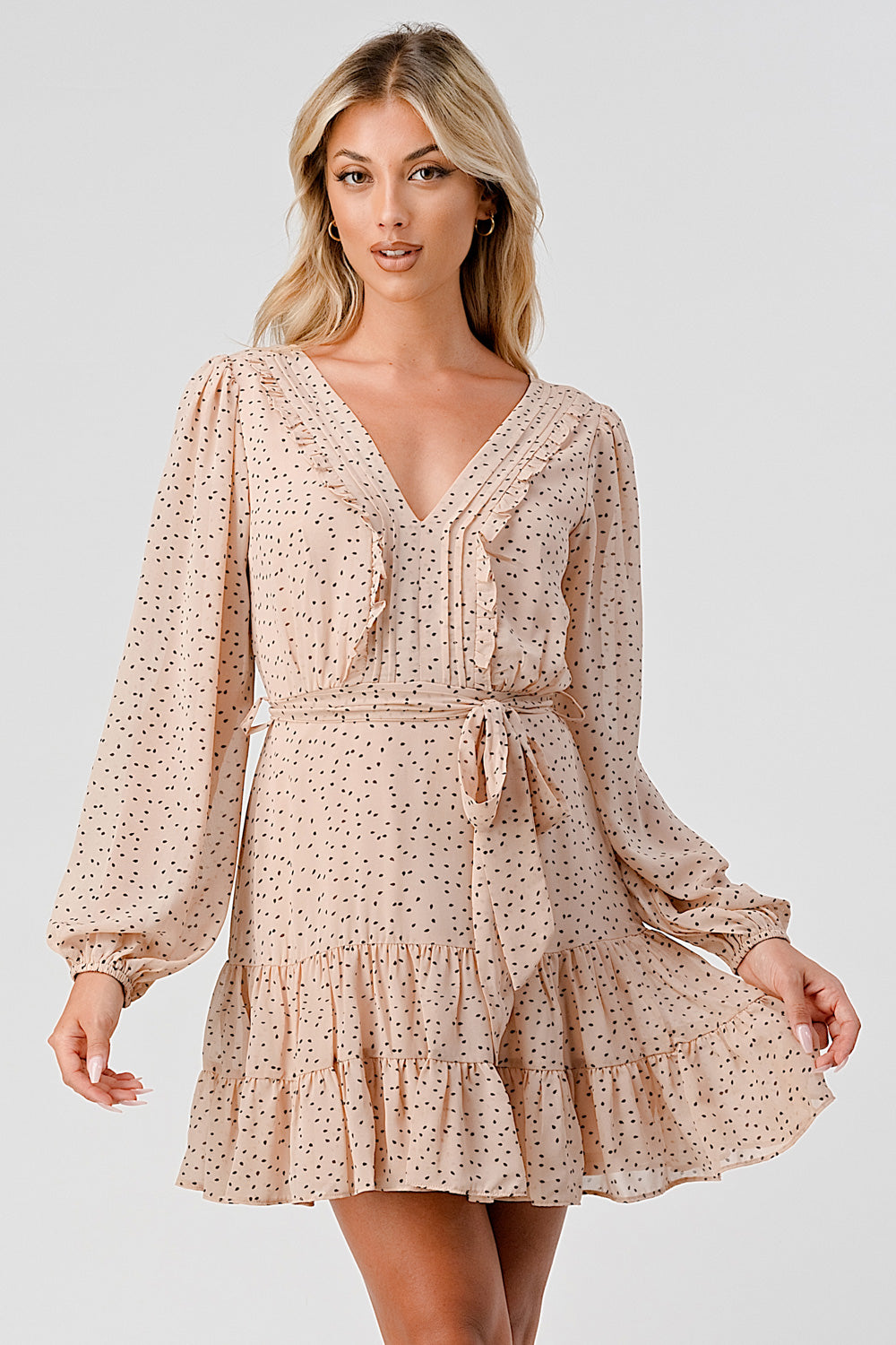 #D6064 Pintucked Ruffle Detailed Dot Dress