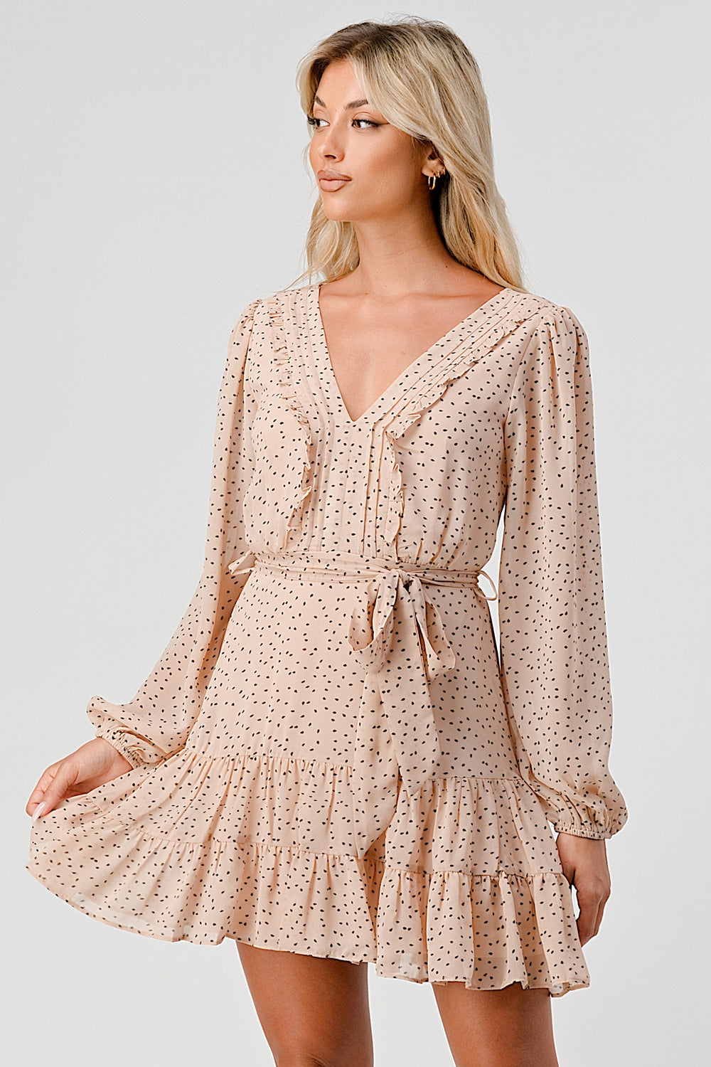 #D6064 Pintucked Ruffle Detailed Dot Dress