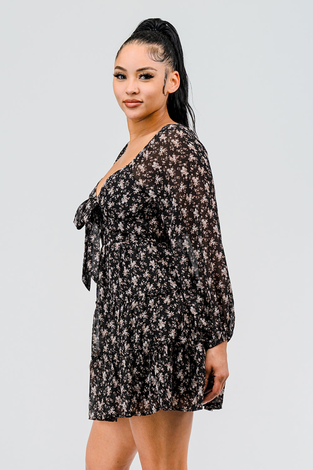 #D6124-3 Tie Front Puff Sleeve Pheasant Dress