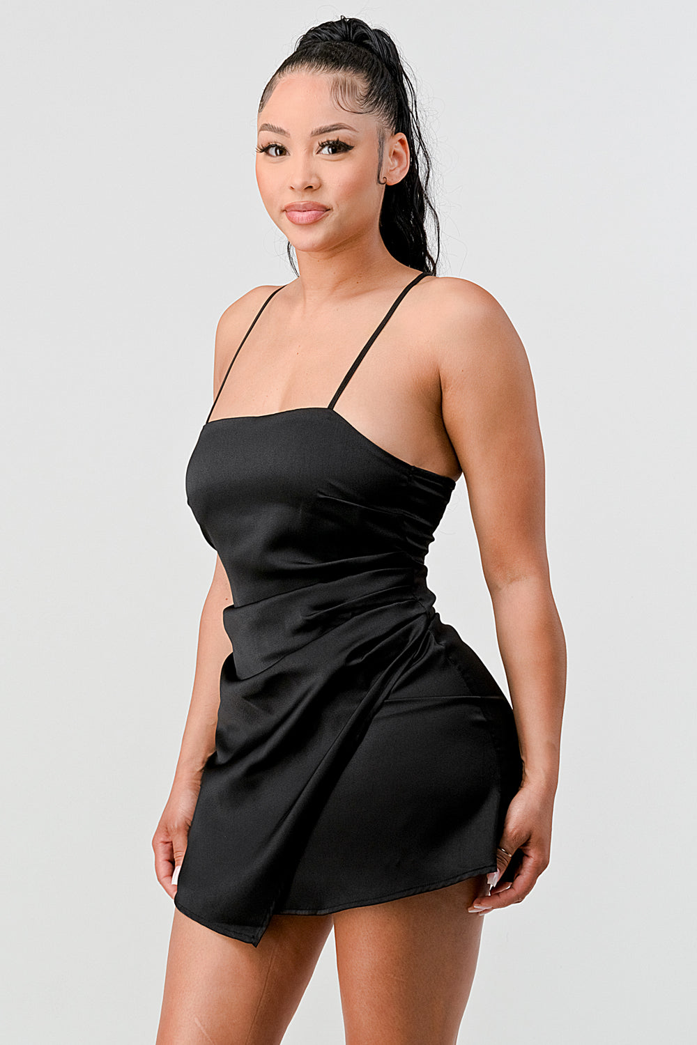 #D6190 Draped Mini Satin Dress