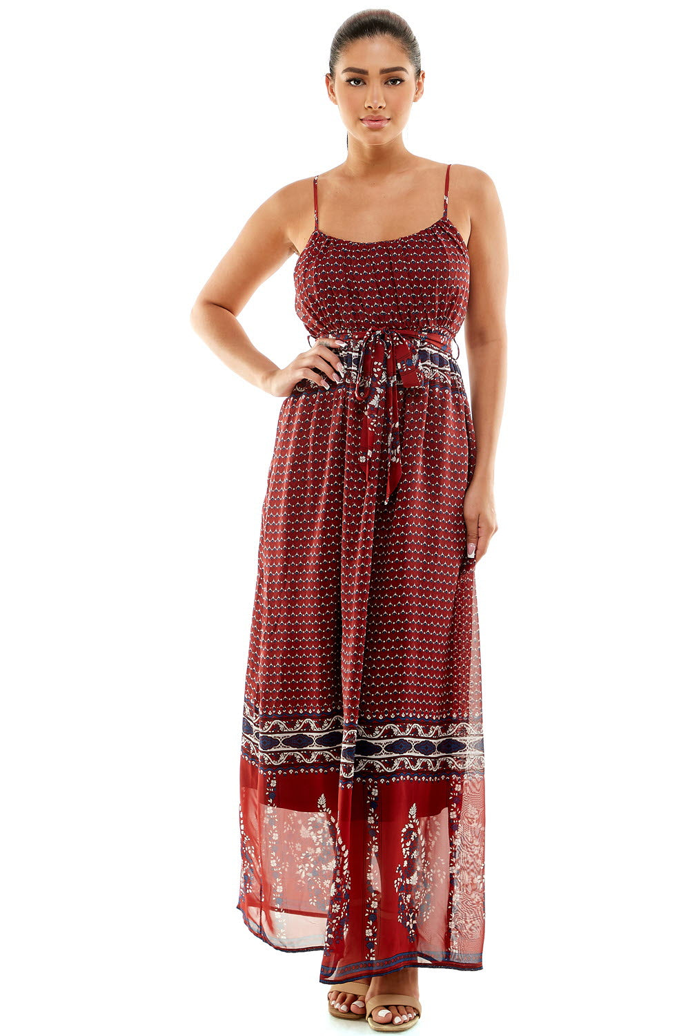 #D6124 Belted Border Print Dress