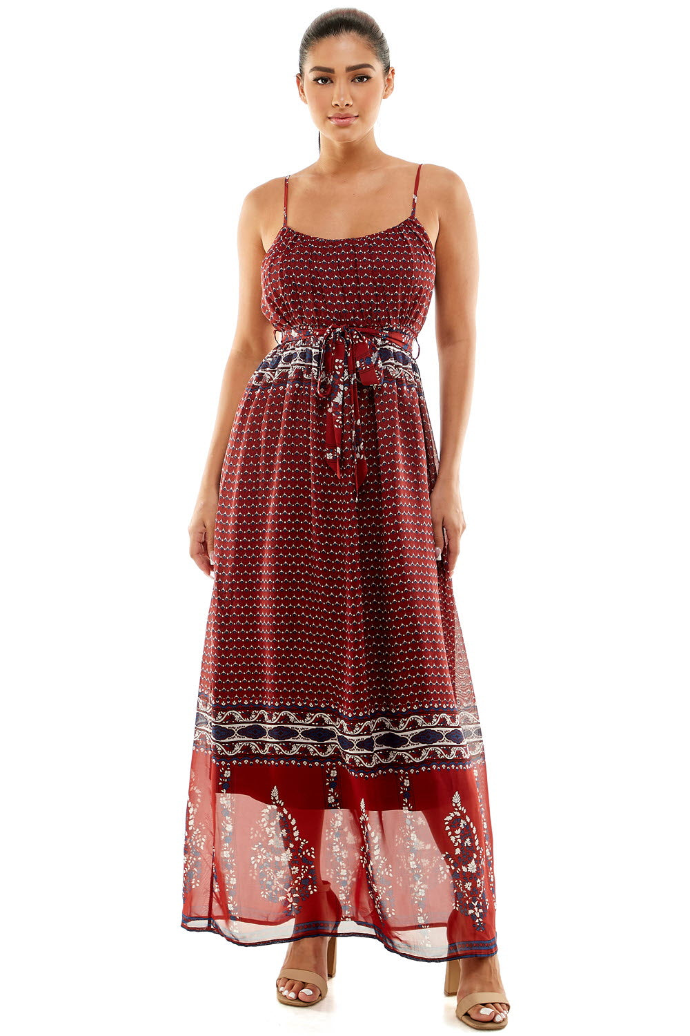 #D6124 Belted Border Print Dress