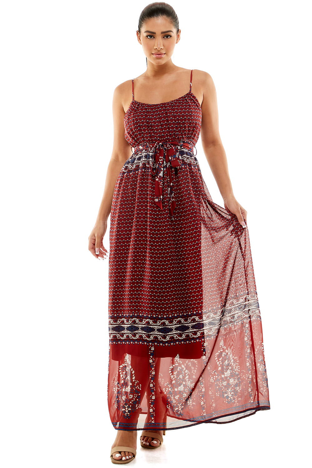 #D6124 Belted Border Print Dress