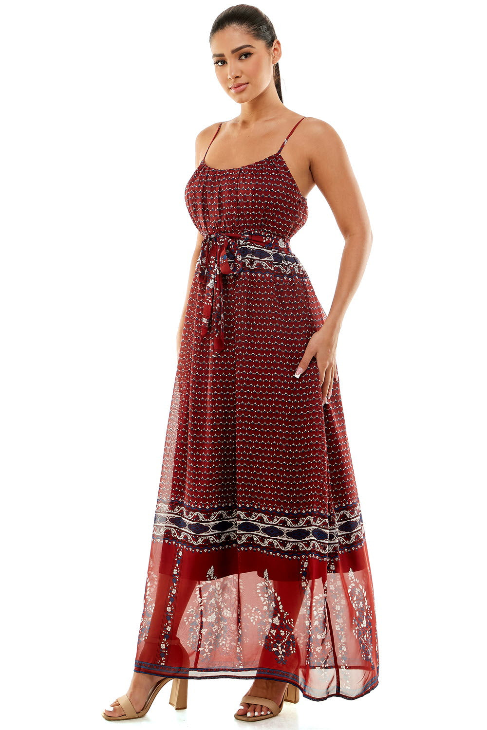 #D6124 Belted Border Print Dress