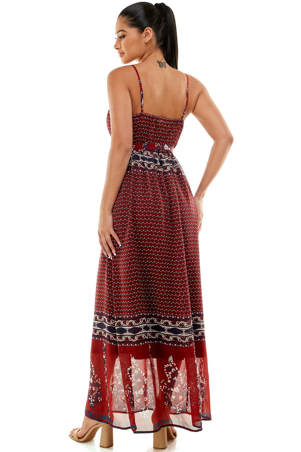 #D6124 Belted Border Print Dress